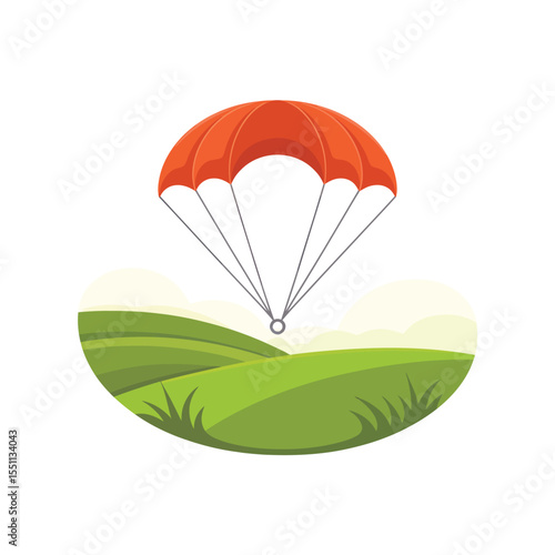 Orange Parachute Descending Over Lush Green Rolling Hills Landscape Illustration red parachute skydiving