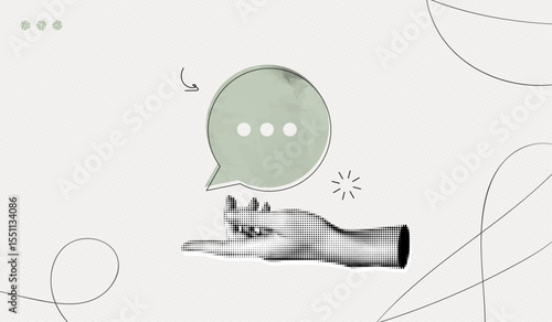 Trendy Halftone Collage Hand with speech bubble message. Social media communication concept. Space for text. Online discussion on forum. Contemporary vector illustration art
