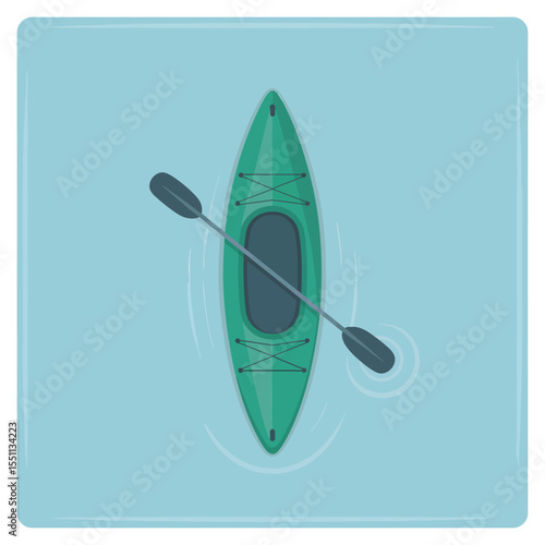 Overhead View of a Teal Kayak on Calm Light Blue Water with a Paddle a Single Person Recreation Water Sport Activity Summertime Relaxation