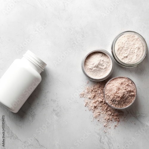 White bottle and three glass jars of varying powders on a marble surface, showcasing different textures and shades of beige and off-white