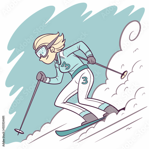 Dynamic illustration of a blonde female skier gliding down a snowy slope with agility