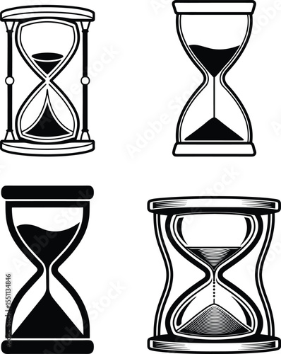 Hourglass Icons Set Sand Timer Vector Collection, Time and Measurement Symbols, Hourglass Vector Icons ,Time Measurement Set. Vintage Sand Timer Illustrations Black and White, Clock Symbol Collection.