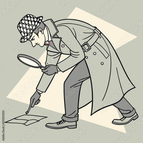 Illustration of a detective character meticulously investigating a clue document