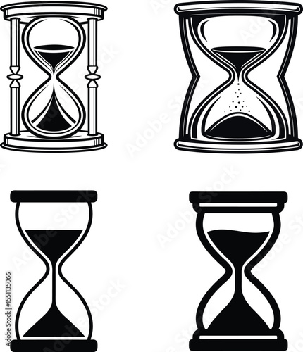 Hourglass Icons Set Sand Timer Vector Collection, Time and Measurement Symbols, Hourglass Vector Icons ,Time Measurement Set. Vintage Sand Timer Illustrations Black and White, Clock Symbol Collection.