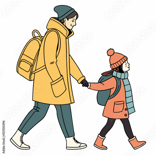 Stylized illustration of a parent and child walking together in winter apparel