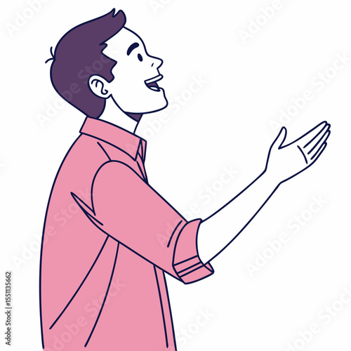 Surprised character gesturing upwards with enthusiastic expression and open palm