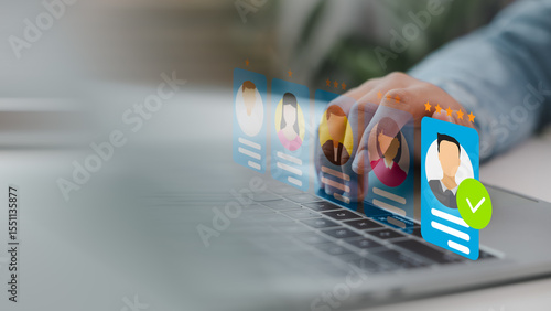 Photos HR managers select candidate profiles with rating stars on a digital interface, an online HR recruitment system, talent selection, employee evaluation, and a smart hiring process
