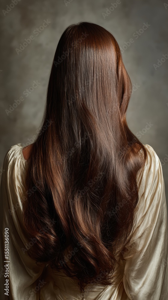 Fototapeta premium Beautiful model girl with Brown hair strand,silky healthy chestnut wavy hair strand,hair wavy ribbon, with smooth,Keratin straightening,Treatment,straight long hair,procedures,Smooth hairstyle.