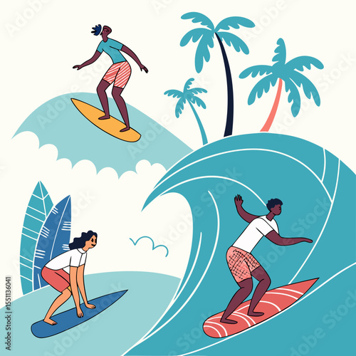 Stylized surfing scene with diverse characters enjoying tropical waves illustration