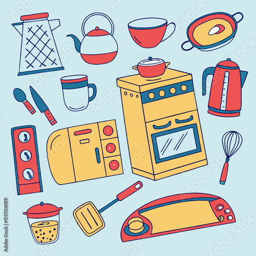 Whimsical kitchen utensil collection, a doodle illustration of cooking essentials