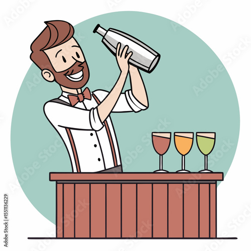 Cheerful bartender mixing cocktails with style behind a wooden bar setting
