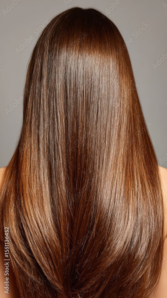 Fototapeta premium Beautiful model girl with Brown hair strand,silky healthy chestnut wavy hair strand,hair wavy ribbon, with smooth,Keratin straightening,Treatment,straight long hair,procedures,Smooth hairstyle.