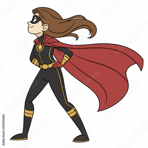 Confident cartoon superwoman with blowing hair posing, ready for action, isolated illustration