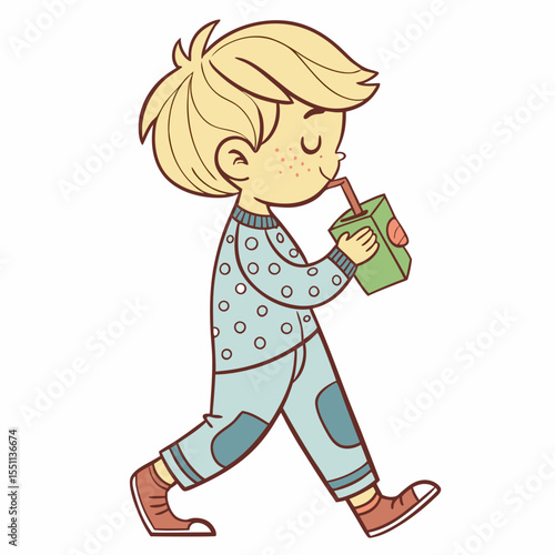 Blond child enjoys a refreshing juice box while walking, vibrant cartoon illustration