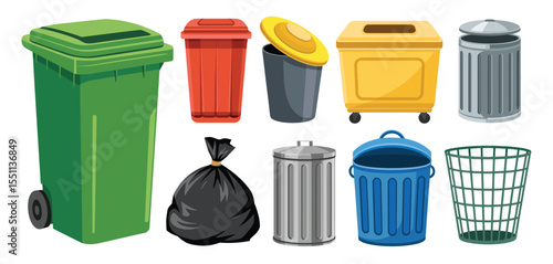 Collection of Different Types of Garbage Bins and Bags
