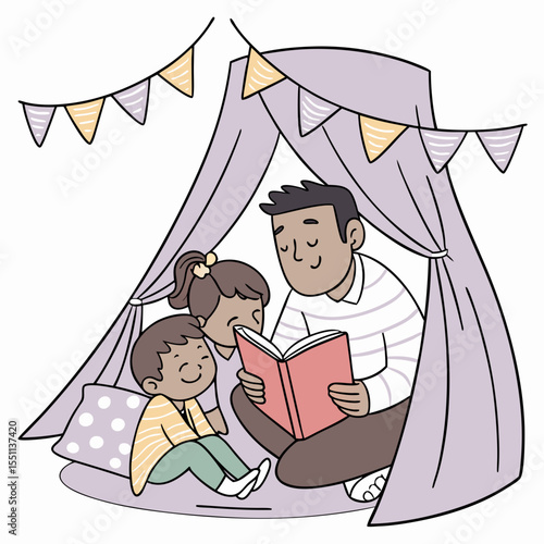 Storytime adventures a father reads to his children in a cozy homemade tent