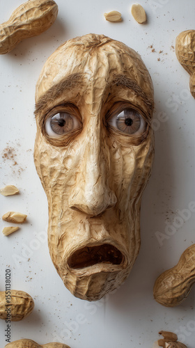 Surreal Peanut Mask: Expressive eyes and distressed features create a captivating and unusual portrait on a white surface.