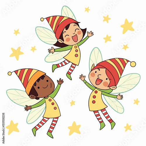 Charming trio of fantastical winged beings joyfully reaching for starlight