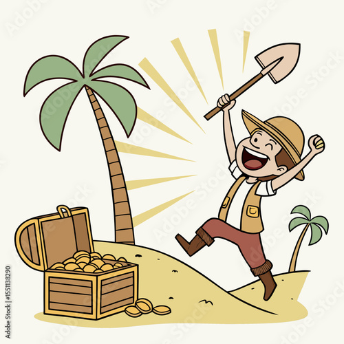 Cartoon Treasure Hunter's Joyful Discovery on Tropical Island, Illustration