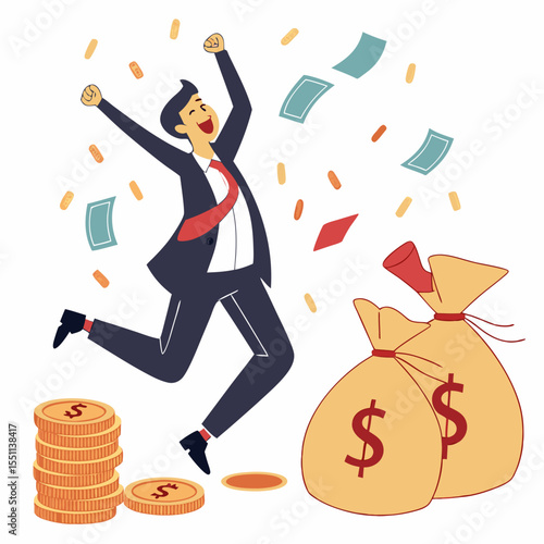 Animated businessman celebrates financial success surrounded by money and wealth