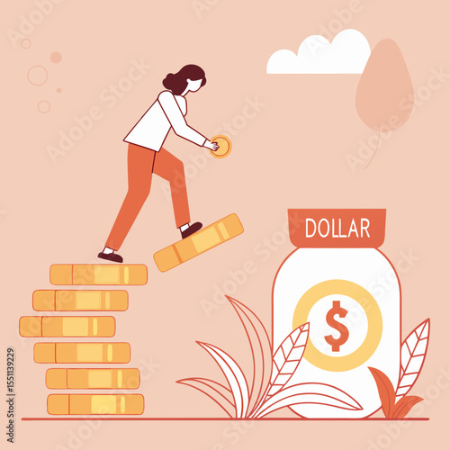Financial growth illustration depicting a woman striving to achieve wealth accumulation