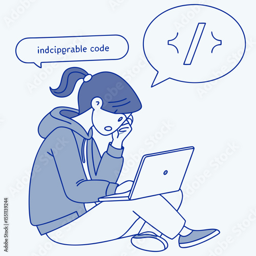 Frustrated coder staring at laptop screen with unreadable code in thought bubble