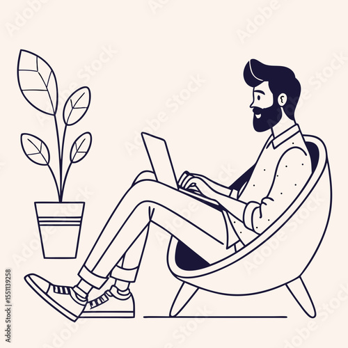 Minimalist illustration of a man working remotely with plant companion