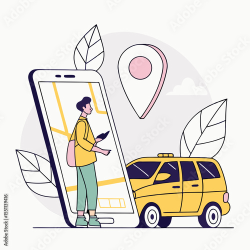 Man finding ride share using smartphone application vector illustration