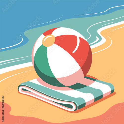 Red Green White Beach Ball on Striped Beach Towel Sandy Beach Summer Vacation Illustration image