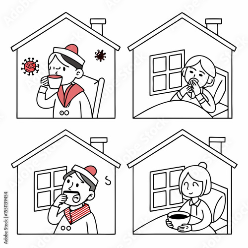 Illustrative portrayal of individuals self-isolating during pandemic in simple housing