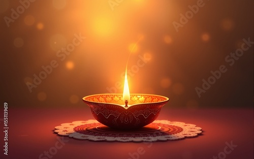 Golden lotus shaped diya on abstract Diwali background. High quality