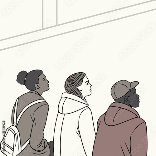 Diverse group gazes upwards, conveying curiosity and a sense of collective wonder