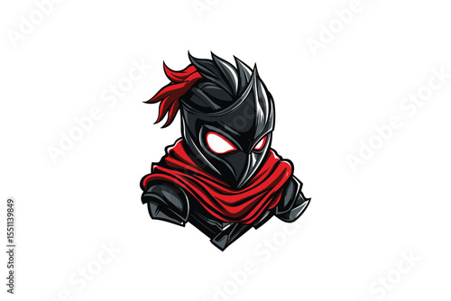 Illustration of a masked character with red scarf and glowing white eyes