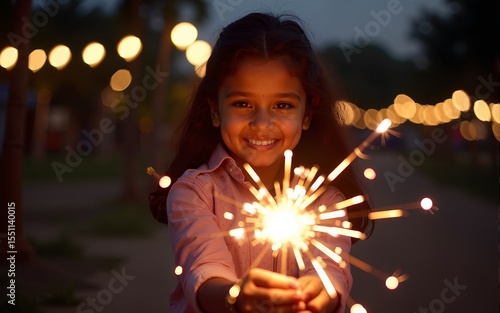 Indian pretty young girl playing with sparklers in diwali festival night. High quality