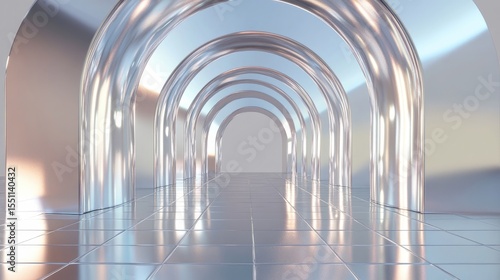 Fototapeta Naklejka Na Ścianę i Meble -  Hyper realistic 3d render Reflective Archway Corridor: Abstract 3D Render of a Modern, Minimalist Interior AI Generative