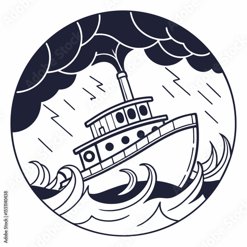 Stylized boat navigating a stormy sea within circular illustrative design