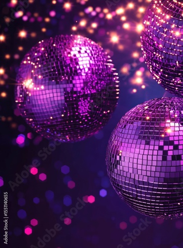 Purple disco balls in a dark, glittering background