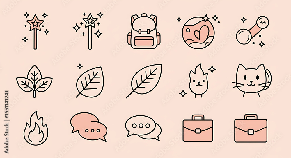 Fototapeta premium A collection of whimsical icons featuring nature, animals, and playful elements on a pastel background