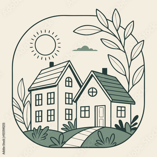 Minimalist dwelling illustration showcasing tranquility in a nature-filled area