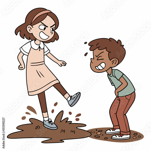 Playful Mud Mischief: A Cartoon Depiction of Sibling Rivalry and Childhood Fun
