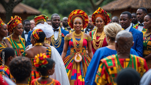 Elegant ghanaian wedding ceremony celebrating culture and tradition with beautiful attire and joyful celebration.
