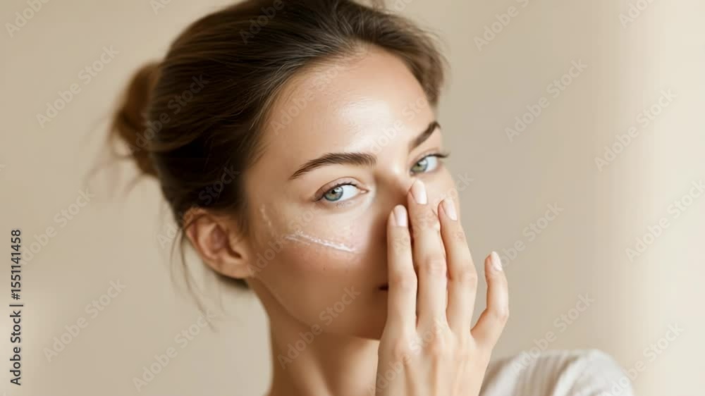 A woman gently applies nourishing cream to her face, showcasing a radiant glow. Soft lighting enhances her natural beauty in this calm and inspiring atmosphere dedicated to self-care. A woman gently applies nourishing cream to her face, showcasing a radiant glow. Soft lighting enhances her natural beauty in this calm and inspiring atmosphere dedicated to self-care.
