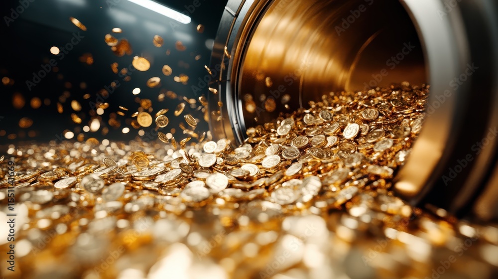 Obraz premium A captivating image of a metallic container spilling a cascade of shiny coins, symbolizing wealth, prosperity, and the allure of financial success in a modern economy full of opportunities.