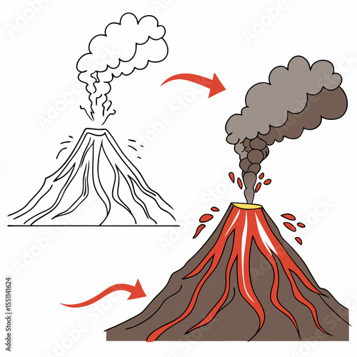 Volcanic Transformation: Illustration of Eruption Stages in Outline and Color Detail