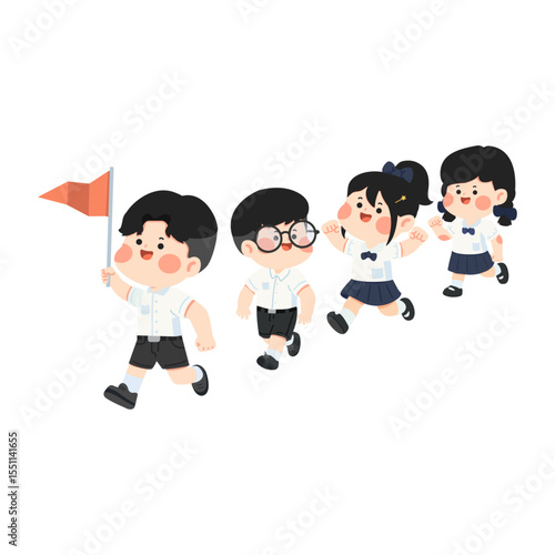 Cartoon Illustration of Children Running in School