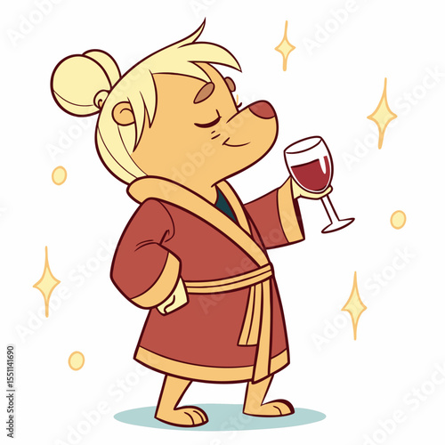 Sophisticated bear cartoon character enjoying a glass of wine with flair