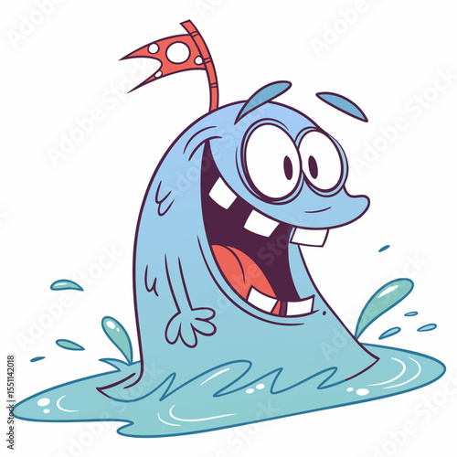 Cartoon Blue Water Creature with Flag Waving Happily in a Splashy Pool
