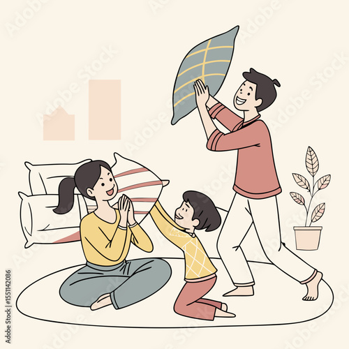 Cheerful family playfully engaging in a lighthearted pillow fight indoors during leisure time