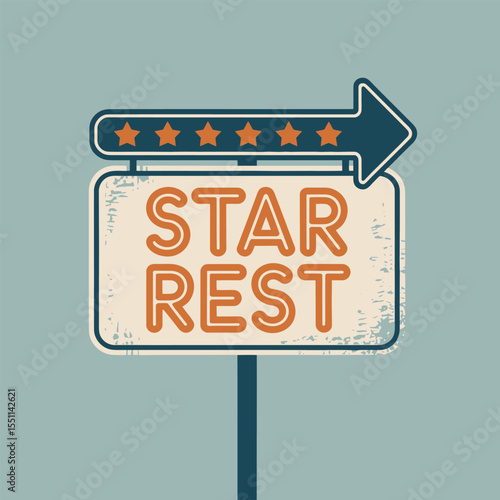 Retro Vintage Star Rest Motel Sign Illustration Five Star Rating Road Sign Beige Off White Background Dark Teal Arrow Burnt Orange Text