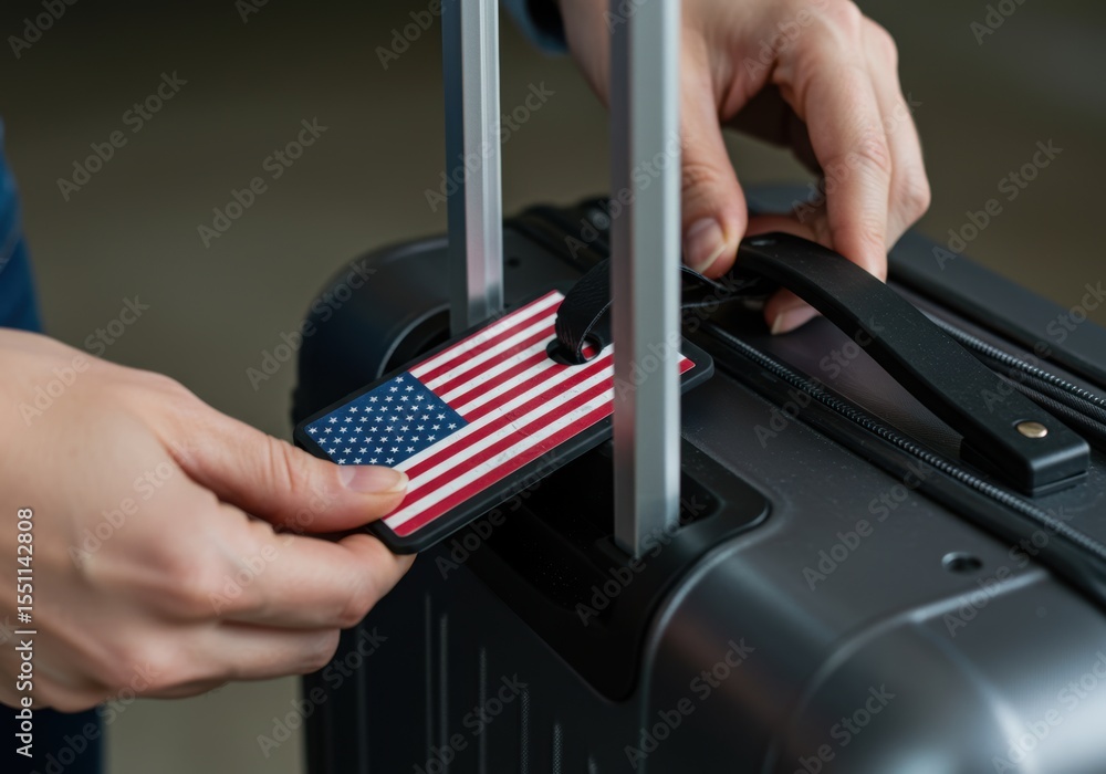 Obraz premium Attaching a USA Luggage Tag to a Suitcase a Concept for a 4th of July Trip with Copy Space